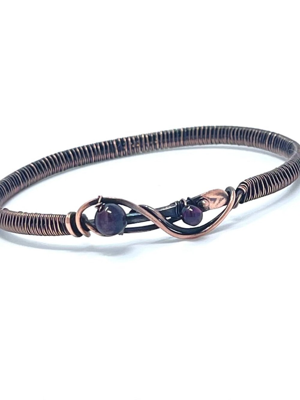 Garnet Copper Wire Wrapped Bangle — Handmade